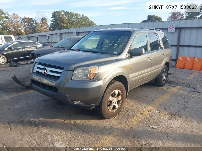 2007 Honda Pilot Ex-L VIN: 2HKYF187X7H538663 Lot: 40828992