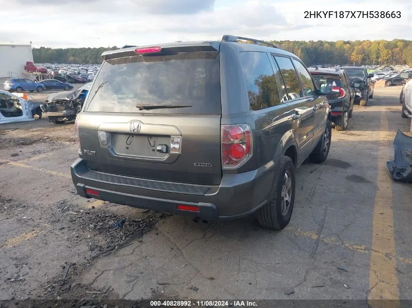 2007 Honda Pilot Ex-L VIN: 2HKYF187X7H538663 Lot: 40828992