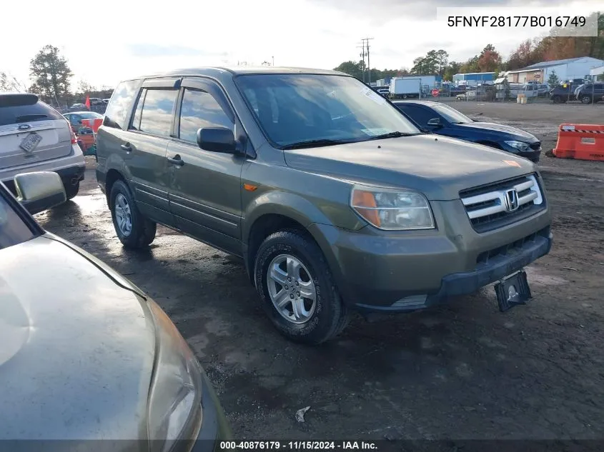 2007 Honda Pilot Lx VIN: 5FNYF28177B016749 Lot: 40876179