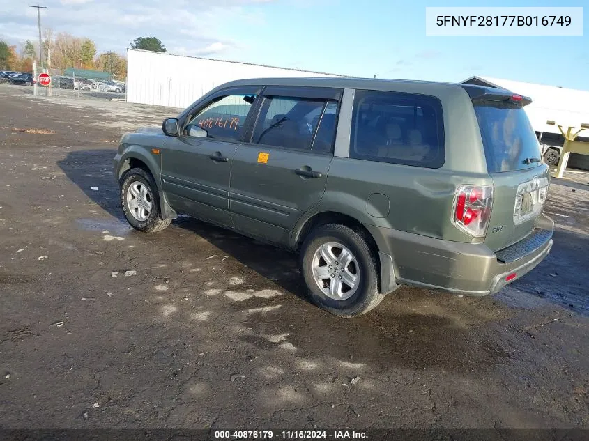 2007 Honda Pilot Lx VIN: 5FNYF28177B016749 Lot: 40876179