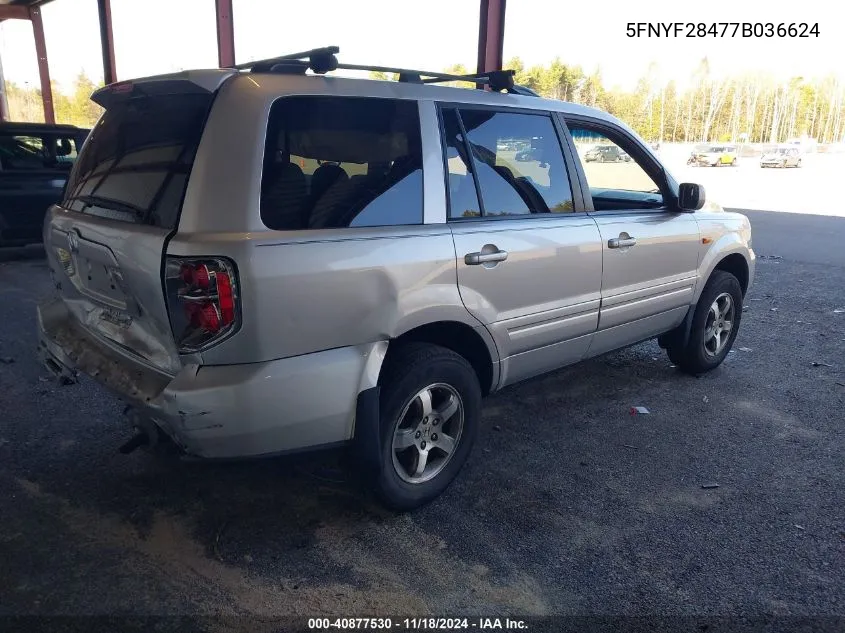 2007 Honda Pilot Ex VIN: 5FNYF28477B036624 Lot: 40877530