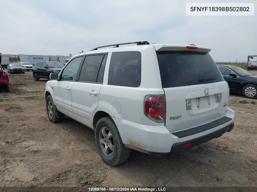 2008 Honda Pilot VIN: 5FNYF18398B502802 Lot: 12069768