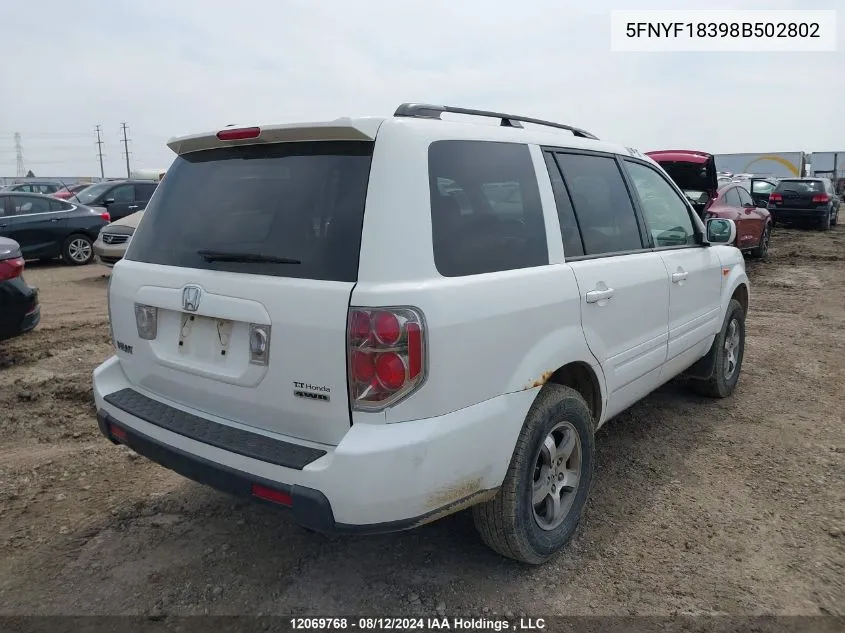 2008 Honda Pilot VIN: 5FNYF18398B502802 Lot: 12069768