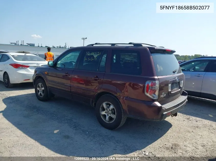 2008 Honda Pilot VIN: 5FNYF18658B502077 Lot: 12088523