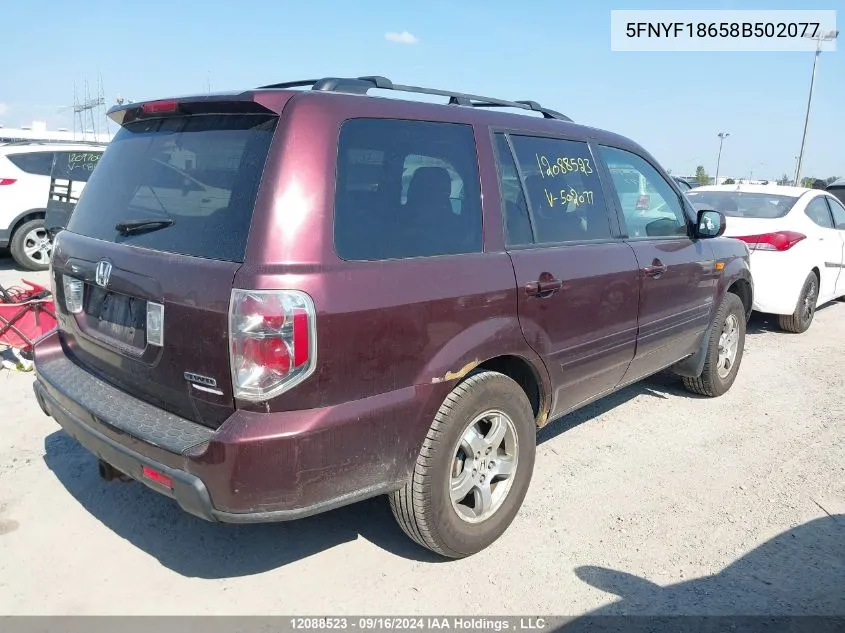 2008 Honda Pilot VIN: 5FNYF18658B502077 Lot: 12088523