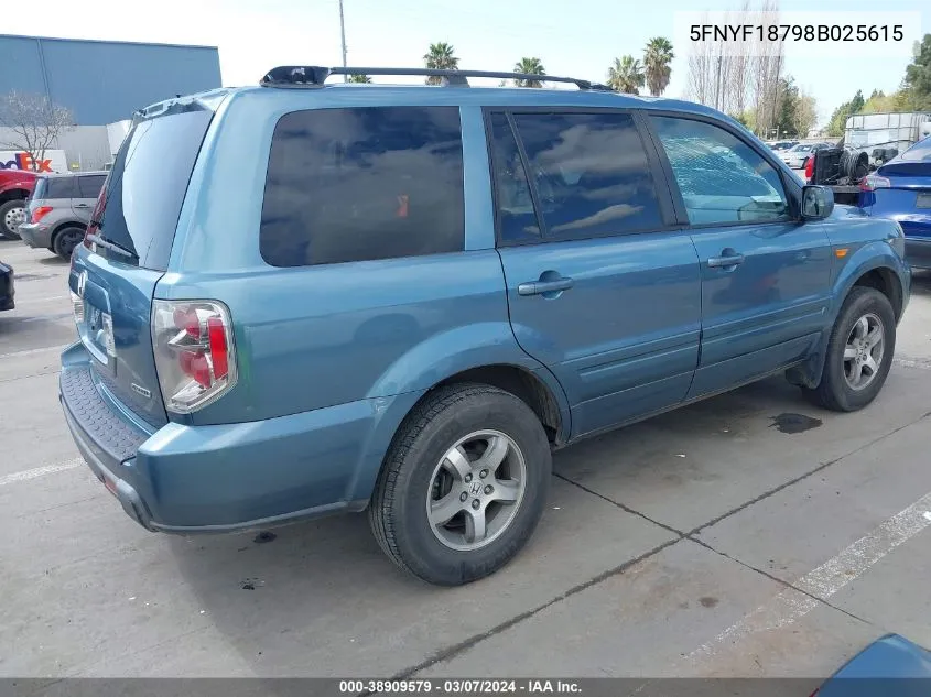 2008 Honda Pilot Ex-L VIN: 5FNYF18798B025615 Lot: 38909579