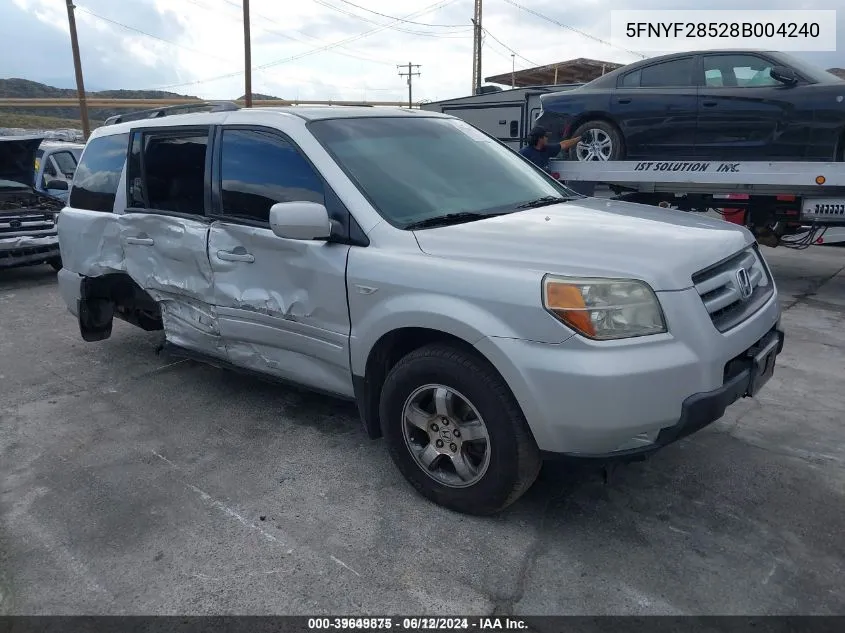 2008 Honda Pilot Ex-L VIN: 5FNYF28528B004240 Lot: 39649875