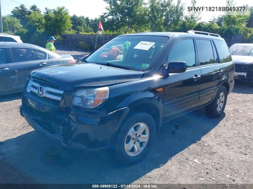 2008 Honda Pilot Vp VIN: 5FNYF18218B049377 Lot: 39908122