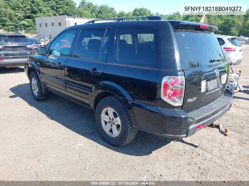 2008 Honda Pilot Vp VIN: 5FNYF18218B049377 Lot: 39908122