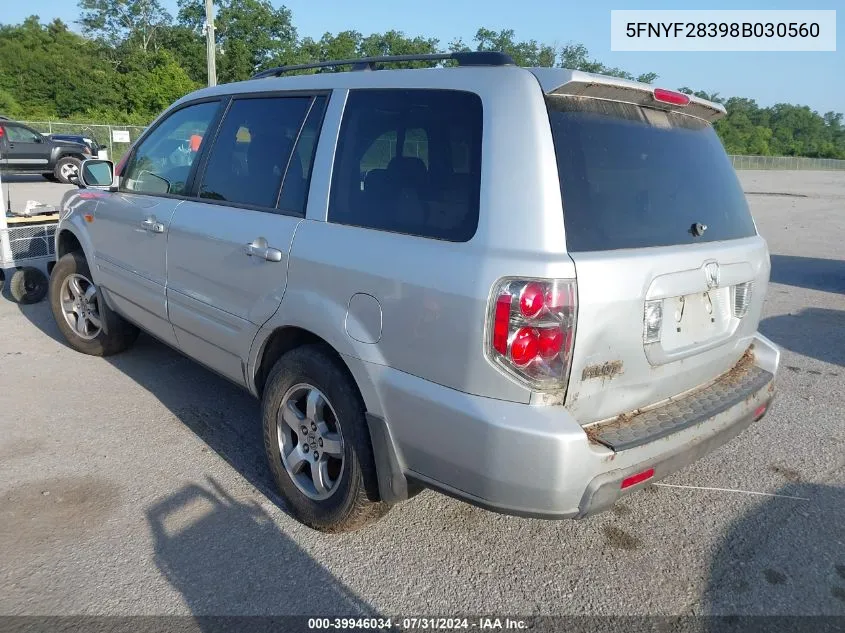 2008 Honda Pilot Se VIN: 5FNYF28398B030560 Lot: 39946034