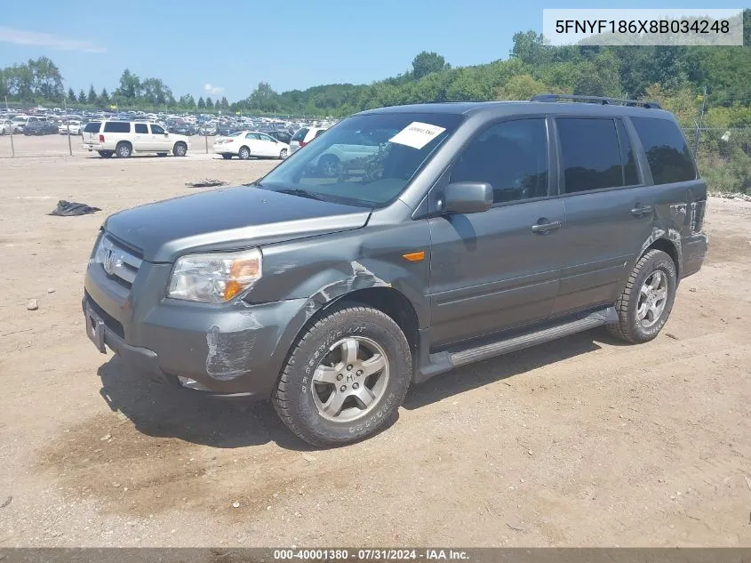 2008 Honda Pilot Ex-L VIN: 5FNYF186X8B034248 Lot: 40001380