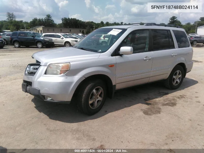 2008 Honda Pilot Ex-L VIN: 5FNYF18748B024114 Lot: 40011524