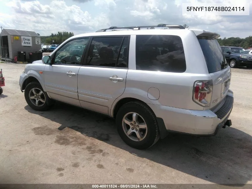 2008 Honda Pilot Ex-L VIN: 5FNYF18748B024114 Lot: 40011524