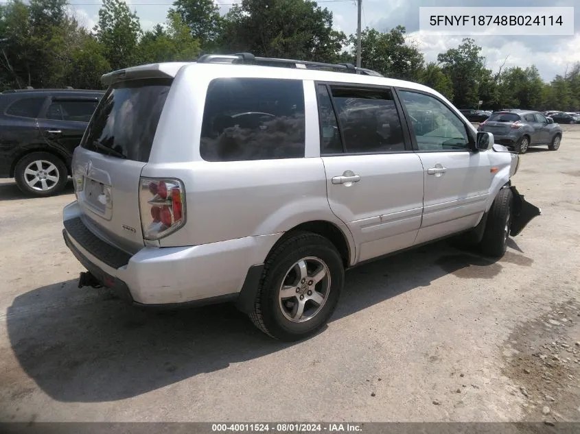 2008 Honda Pilot Ex-L VIN: 5FNYF18748B024114 Lot: 40011524