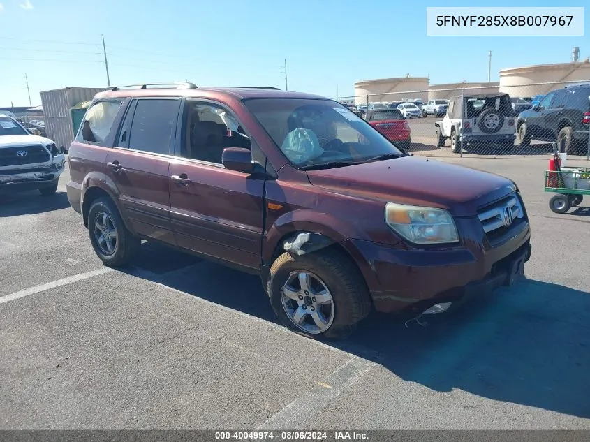 2008 Honda Pilot Ex-L VIN: 5FNYF285X8B007967 Lot: 40049974