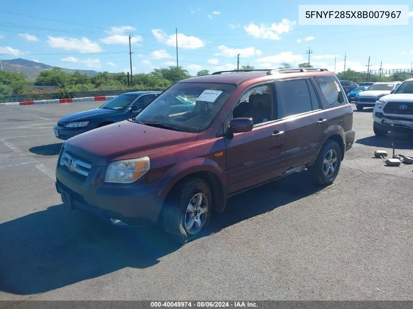 2008 Honda Pilot Ex-L VIN: 5FNYF285X8B007967 Lot: 40049974