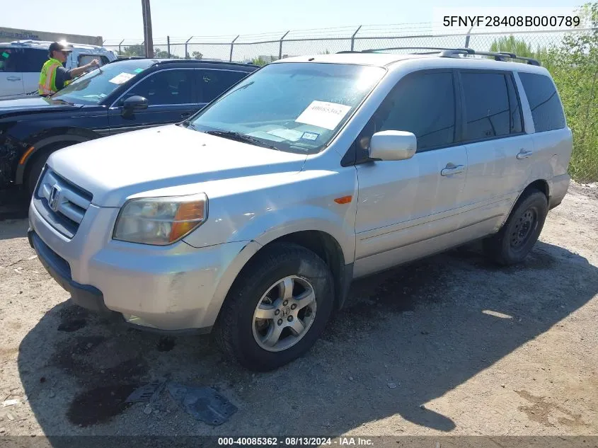 2008 Honda Pilot Ex VIN: 5FNYF28408B000789 Lot: 40085362