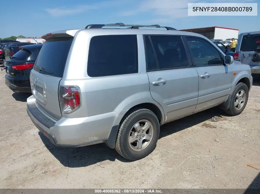 2008 Honda Pilot Ex VIN: 5FNYF28408B000789 Lot: 40085362