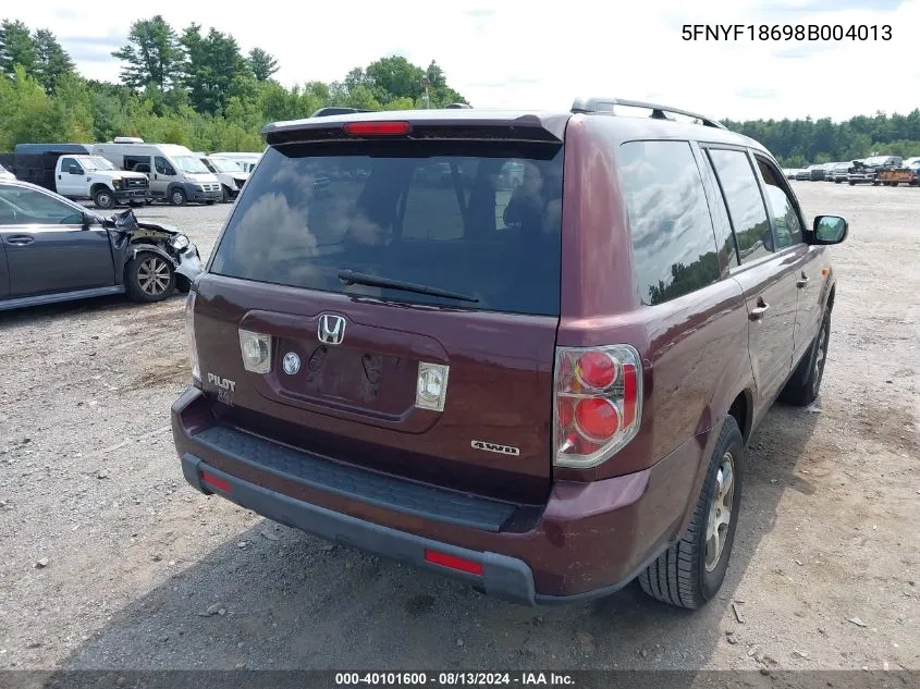 2008 Honda Pilot Ex-L VIN: 5FNYF18698B004013 Lot: 40101600