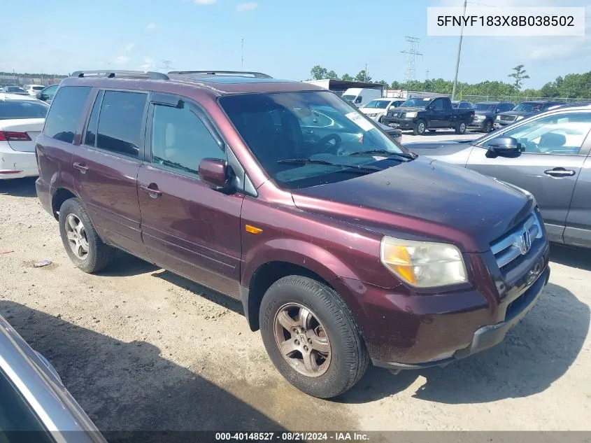 2008 Honda Pilot Se VIN: 5FNYF183X8B038502 Lot: 40148527