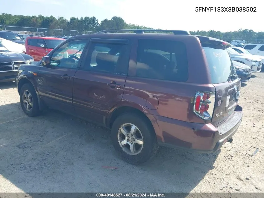 5FNYF183X8B038502 2008 Honda Pilot Se