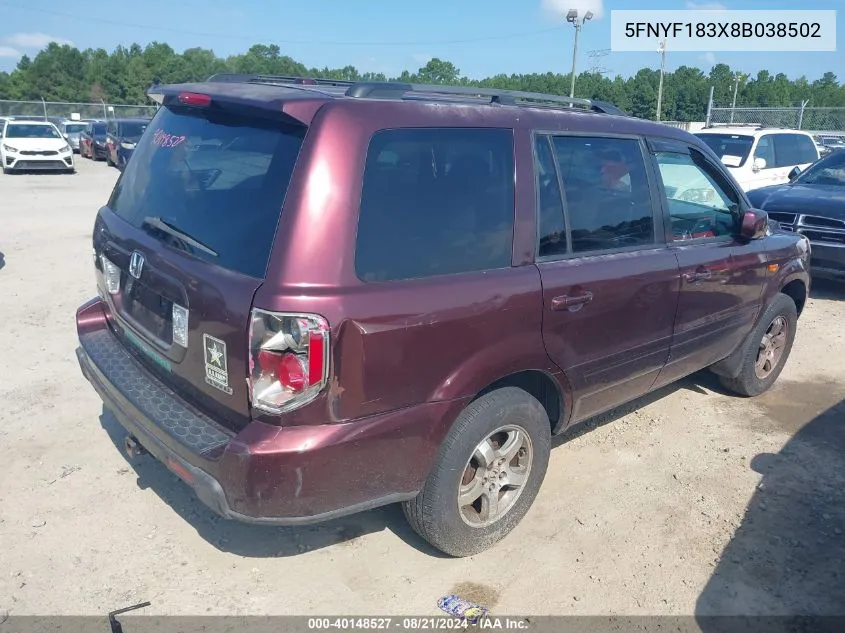 5FNYF183X8B038502 2008 Honda Pilot Se