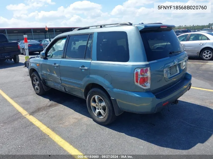 2008 Honda Pilot Ex-L VIN: 5FNYF18568B020760 Lot: 40193660