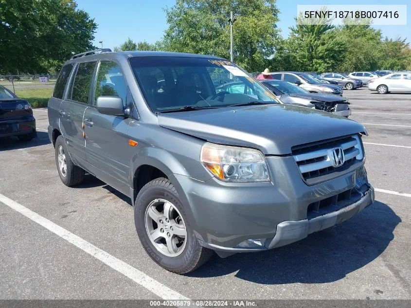 2008 Honda Pilot Ex-L VIN: 5FNYF18718B007416 Lot: 40376322