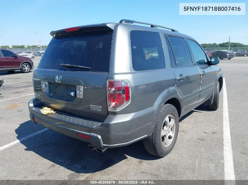 2008 Honda Pilot Ex-L VIN: 5FNYF18718B007416 Lot: 40376322