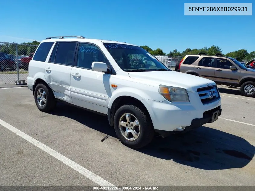 2008 Honda Pilot Ex-L VIN: 5FNYF286X8B029931 Lot: 40212226