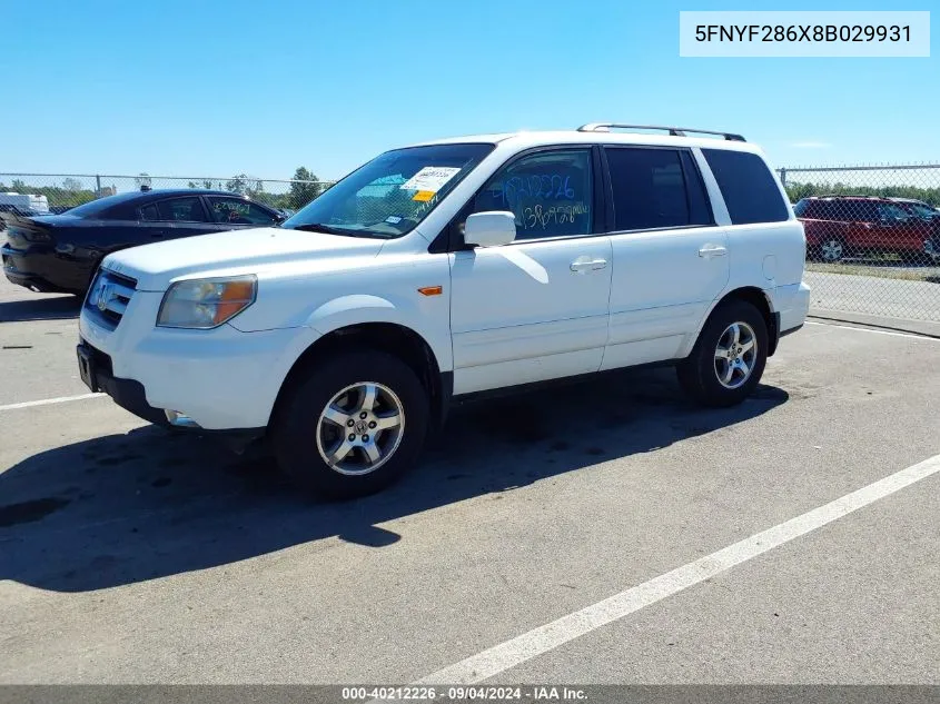 2008 Honda Pilot Ex-L VIN: 5FNYF286X8B029931 Lot: 40212226