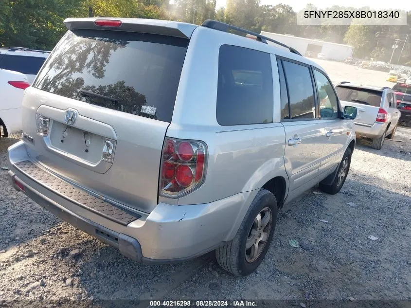 2008 Honda Pilot Ex-L VIN: 5FNYF285X8B018340 Lot: 40216298