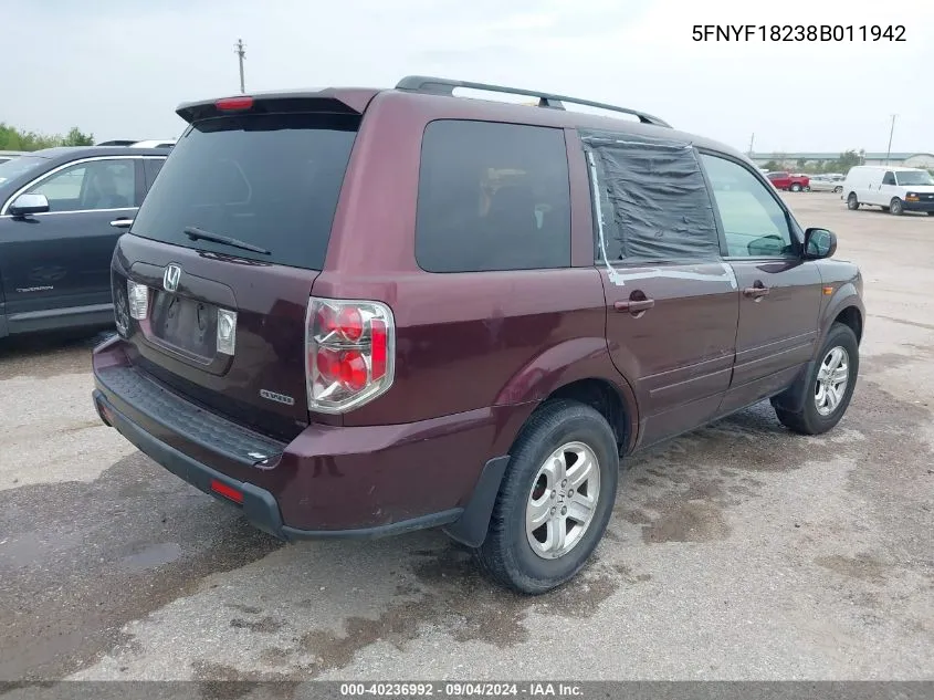 2008 Honda Pilot Vp VIN: 5FNYF18238B011942 Lot: 40236992