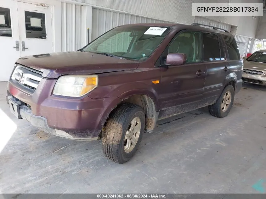 2008 Honda Pilot Vp VIN: 5FNYF28228B017334 Lot: 40241062