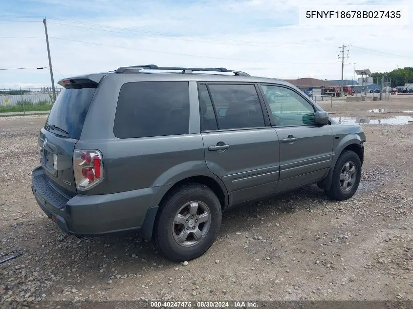 2008 Honda Pilot Ex-L VIN: 5FNYF18678B027435 Lot: 40247475