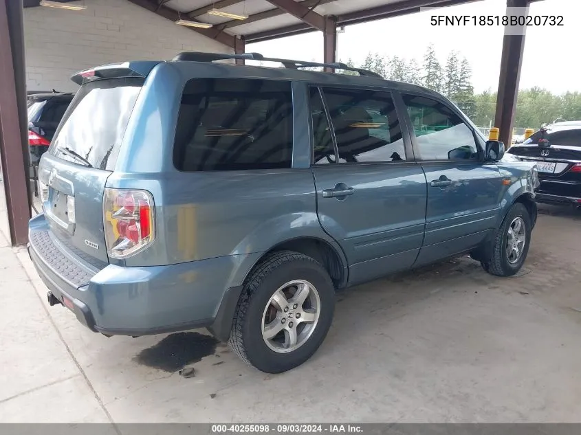 2008 Honda Pilot Ex-L VIN: 5FNYF18518B020732 Lot: 40255098