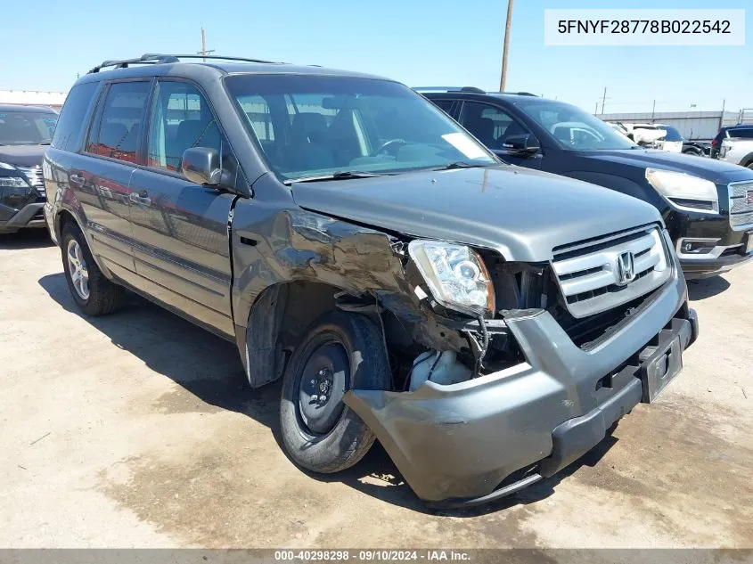 5FNYF28778B022542 2008 Honda Pilot Exl