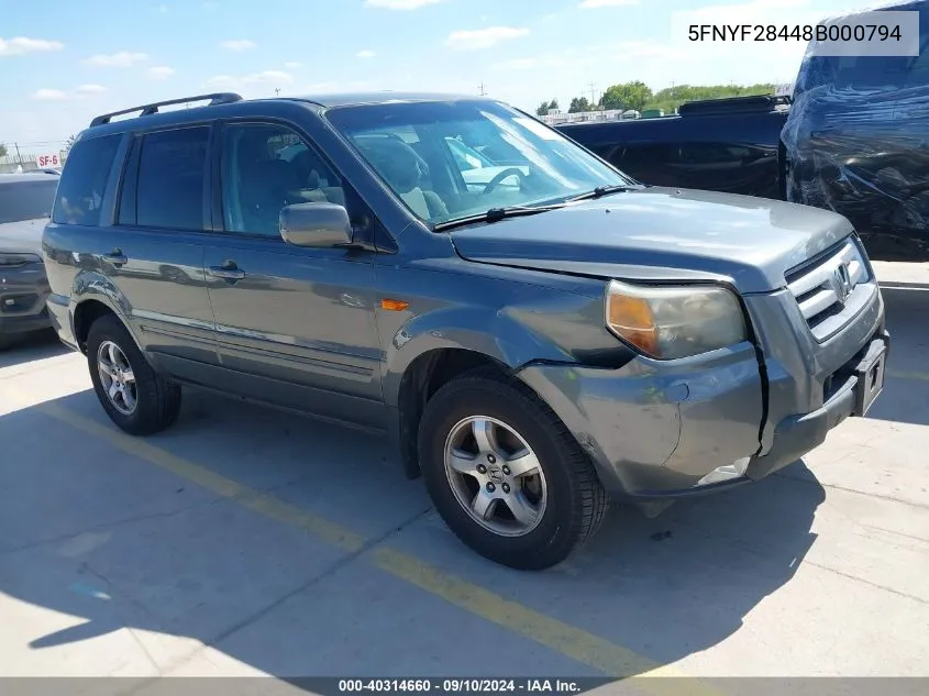 2008 Honda Pilot Ex VIN: 5FNYF28448B000794 Lot: 40314660