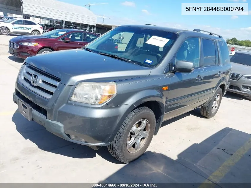 2008 Honda Pilot Ex VIN: 5FNYF28448B000794 Lot: 40314660