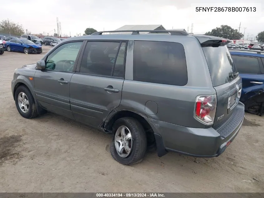 2008 Honda Pilot Ex-L VIN: 5FNYF28678B007613 Lot: 40334194