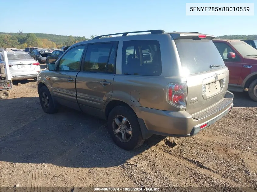 2008 Honda Pilot Ex-L VIN: 5FNYF285X8B010559 Lot: 40675974