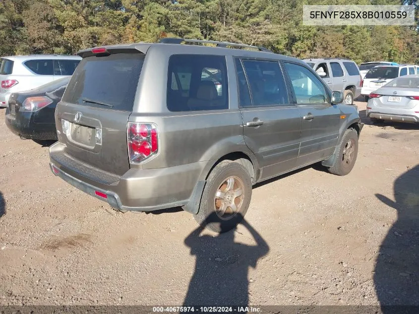 2008 Honda Pilot Ex-L VIN: 5FNYF285X8B010559 Lot: 40675974