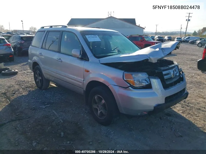 2008 Honda Pilot Ex-L VIN: 5FNYF18508B024478 Lot: 40700286