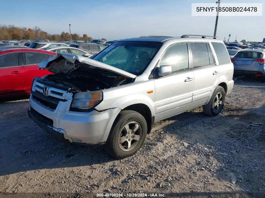 2008 Honda Pilot Ex-L VIN: 5FNYF18508B024478 Lot: 40700286