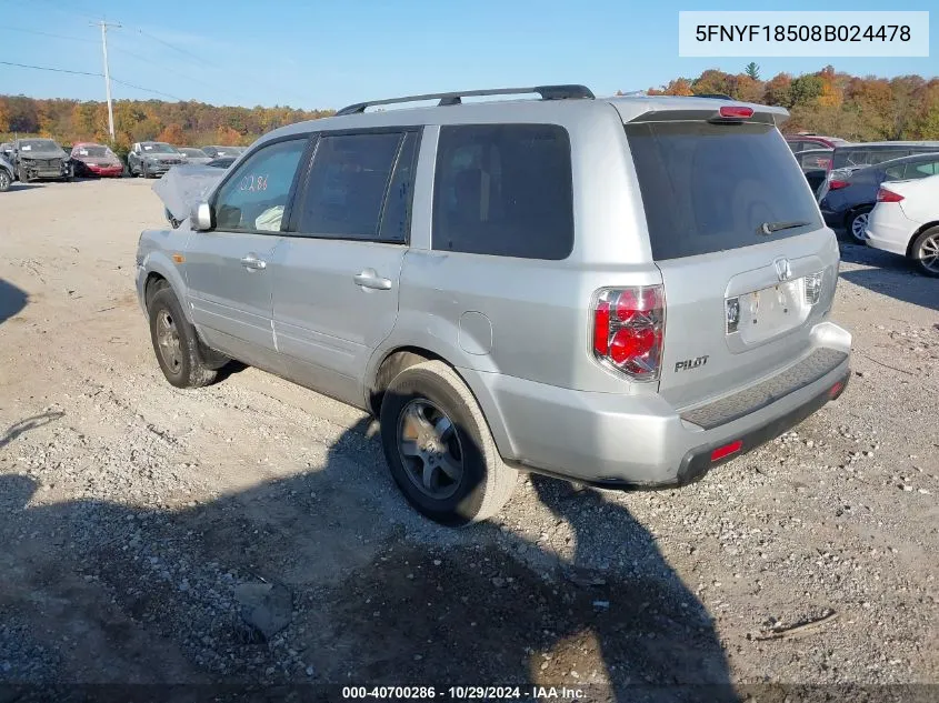 2008 Honda Pilot Ex-L VIN: 5FNYF18508B024478 Lot: 40700286