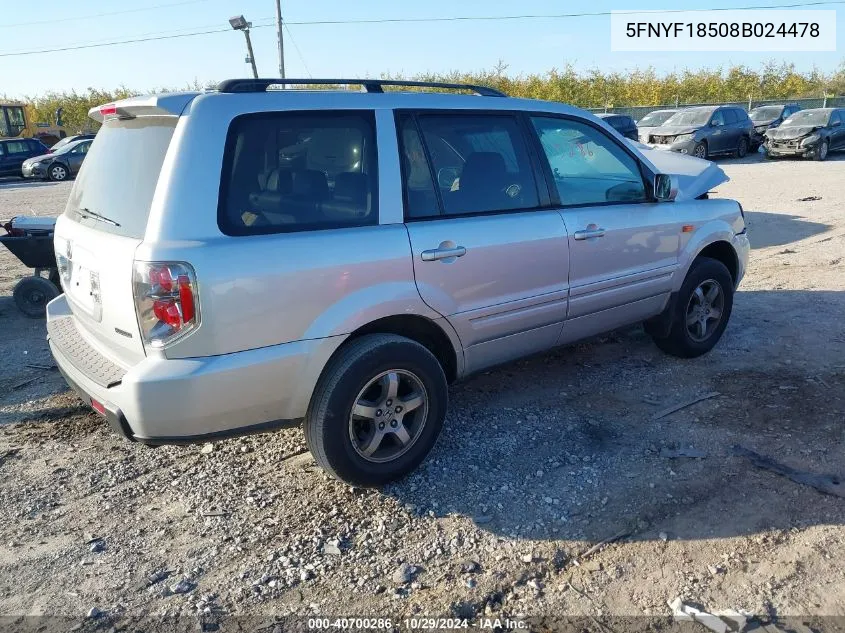 2008 Honda Pilot Ex-L VIN: 5FNYF18508B024478 Lot: 40700286