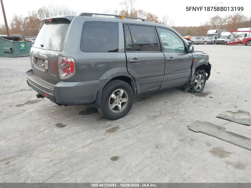 2008 Honda Pilot Ex-L VIN: 5FNYF18758B013199 Lot: 40723593