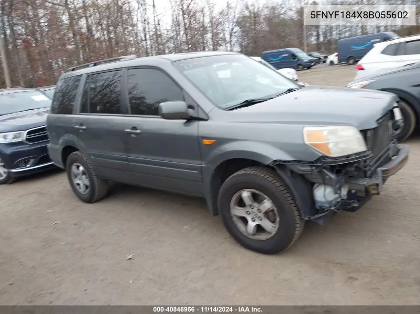 2008 Honda Pilot Ex VIN: 5FNYF184X8B055602 Lot: 40848956