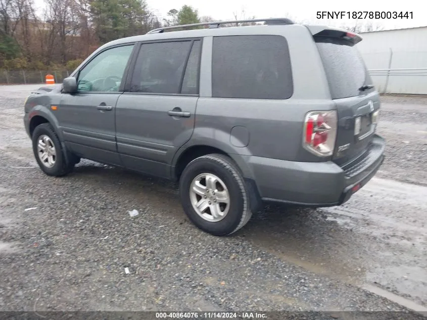 2008 Honda Pilot Vp VIN: 5FNYF18278B003441 Lot: 40864076