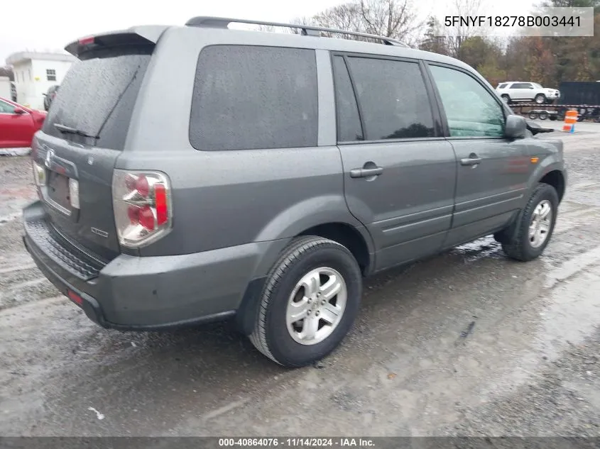 2008 Honda Pilot Vp VIN: 5FNYF18278B003441 Lot: 40864076